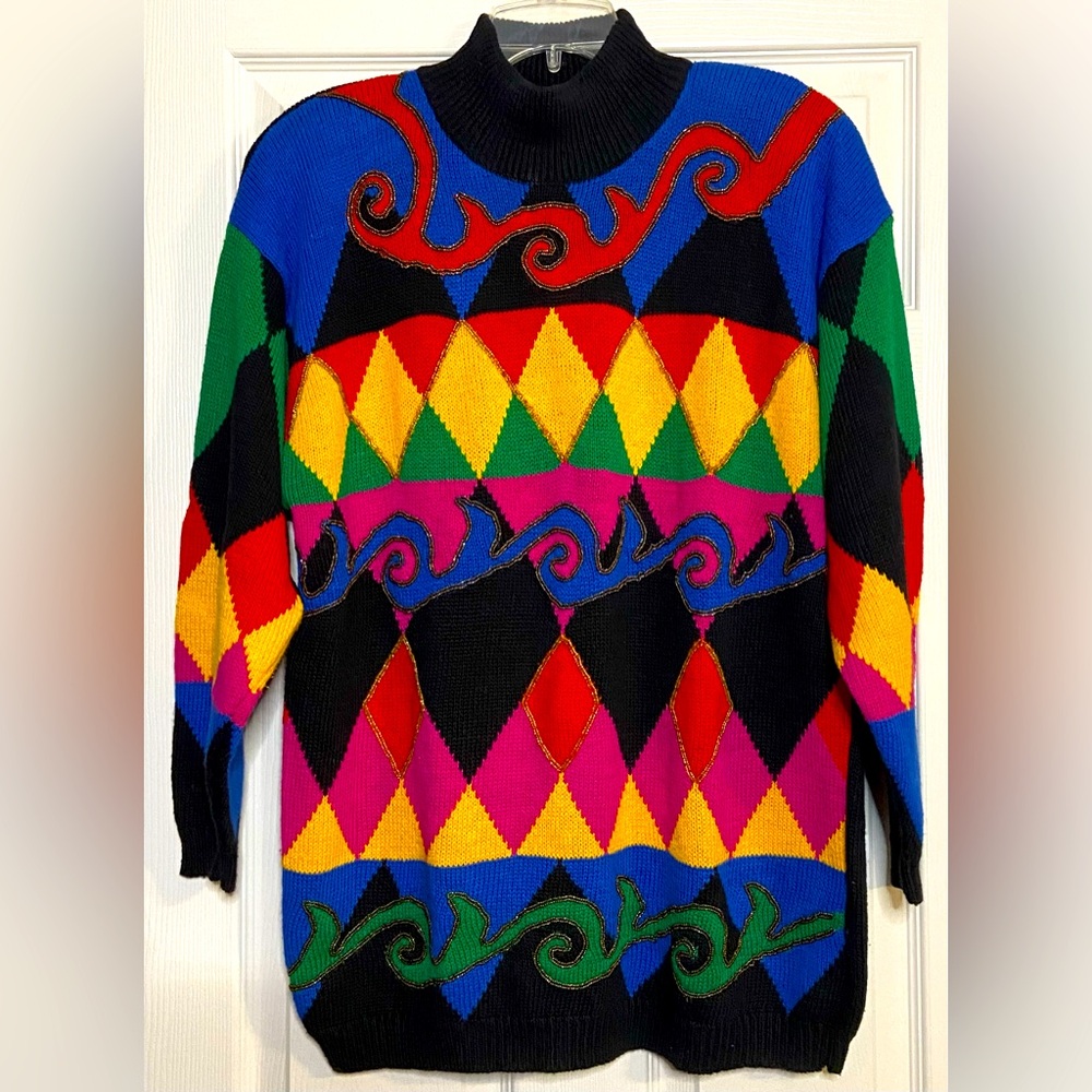 Vintage IB Diffusion 90s Funky Abstract Bright Multicolor Sweater Gold Trim Sz S